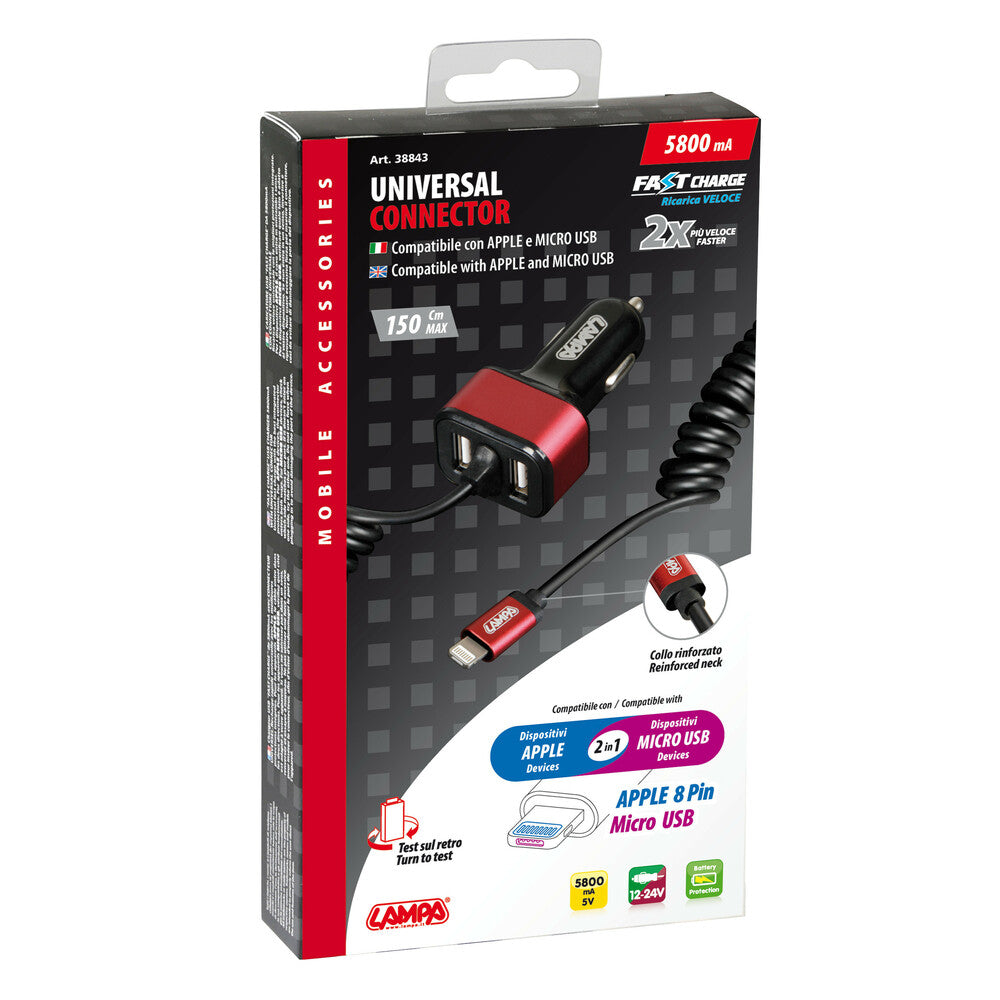 Caricatore Auto con Doppia Porta USB, Micro USB e iPhone