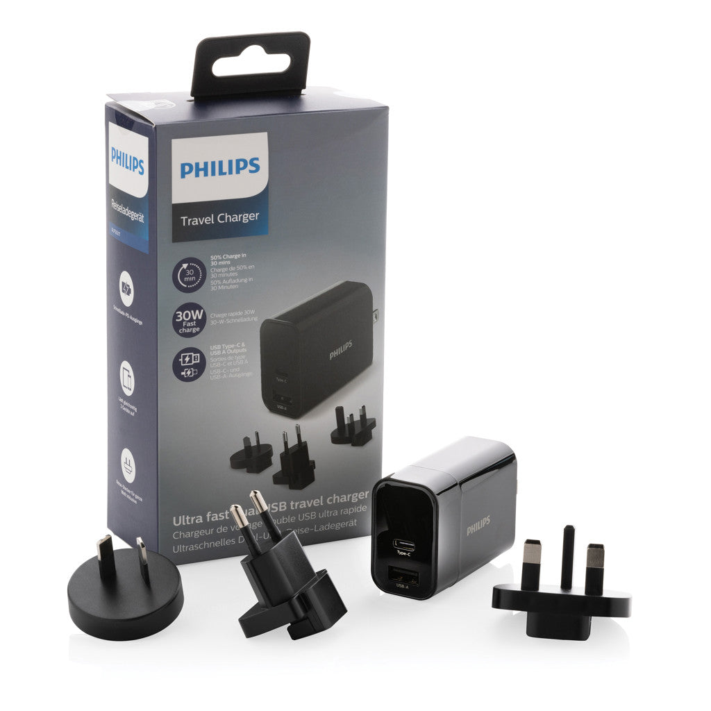 Adaptor de călătorie cu încărcare rapidă Philips DLP2621T04, 30W, USB-A & USB-C, 4 capete internaționale