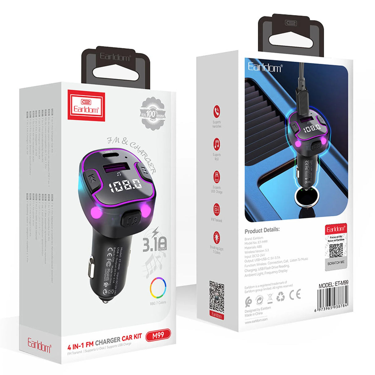 Transmissor FM e Carregador Veicular com Bluetooth Earldom ET-M109