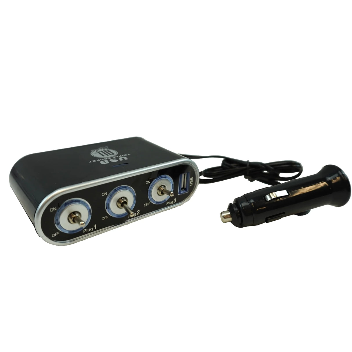 Împărțitor auto cu 3 prize de brichetă, comutatoare individuale și port USB
