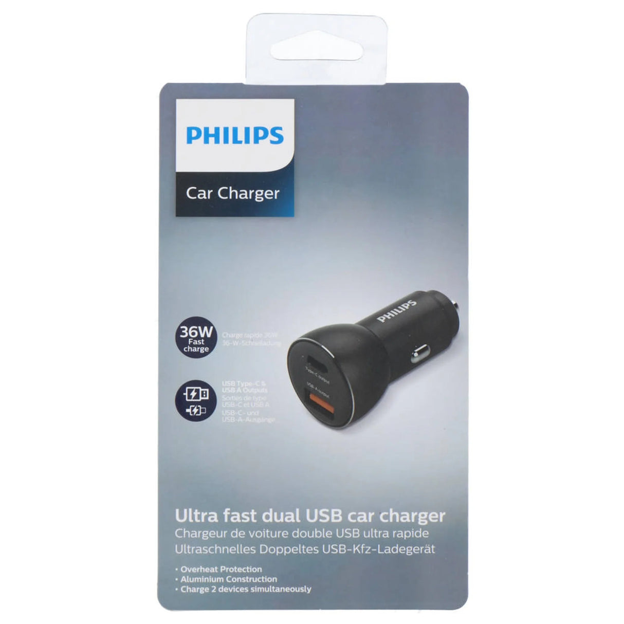 Încărcător auto rapid USB Philips, 36W, aluminiu, USB-A & USB-C