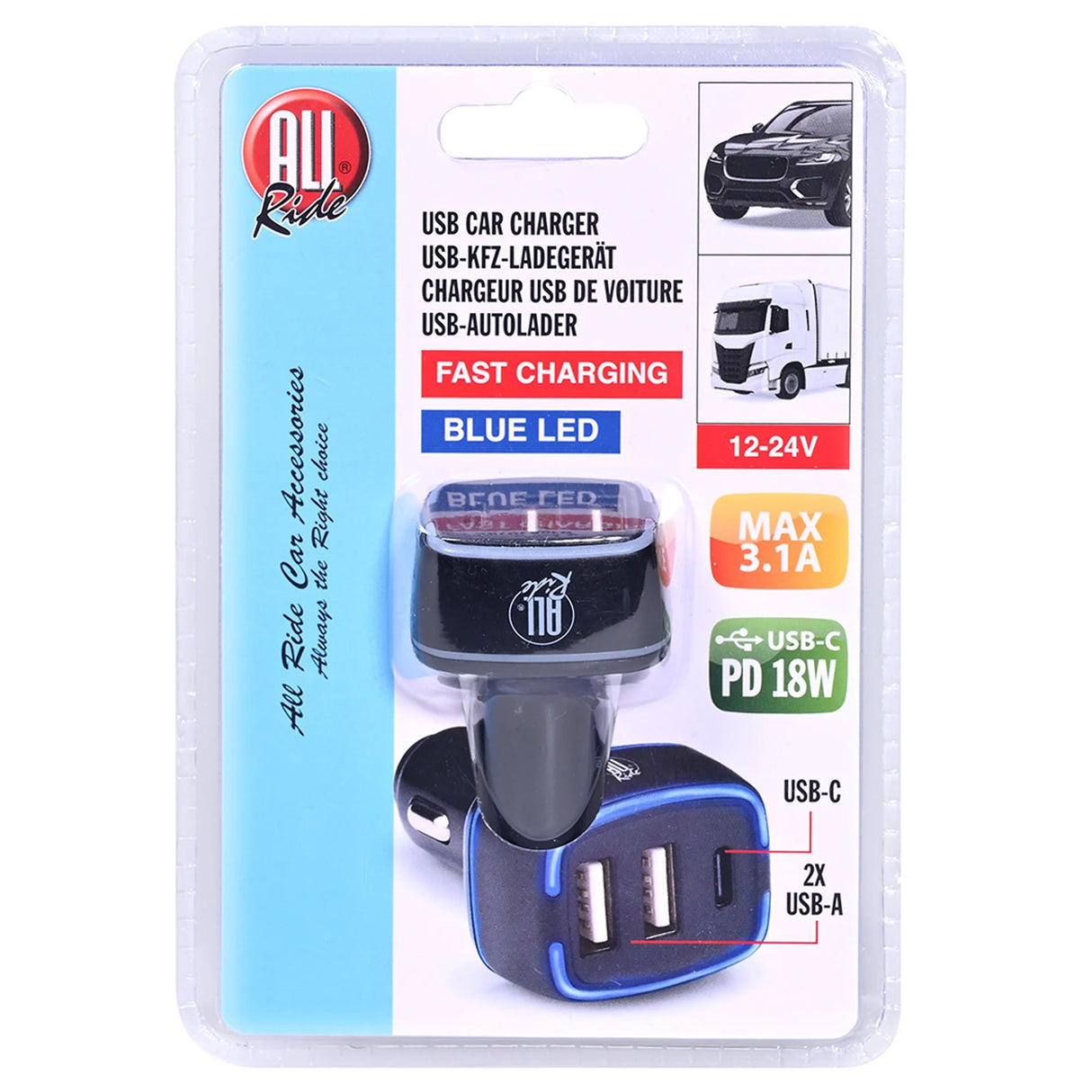 Caricatore Auto All Ride 3 Porte (2x USB-A, 1x USB-C) con LED Blu – Power Delivery 18W