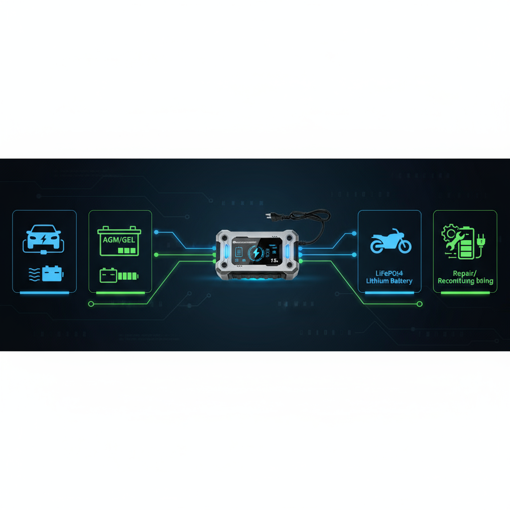 Univerzálna nabíjačka akumulátorov 12V – viac režimov, 9-stupňové nabíjanie