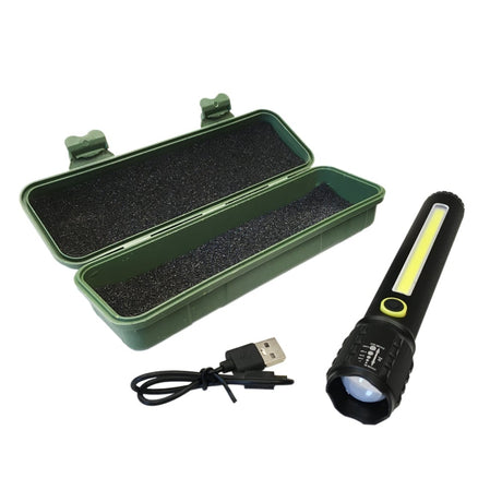 Linterna recargable con tira LED integrada y enfoque ajustable