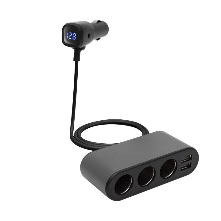 Distribuidor de Tomada para Carro com Voltímetro e 3 Tomadas + 2 USB (80W)