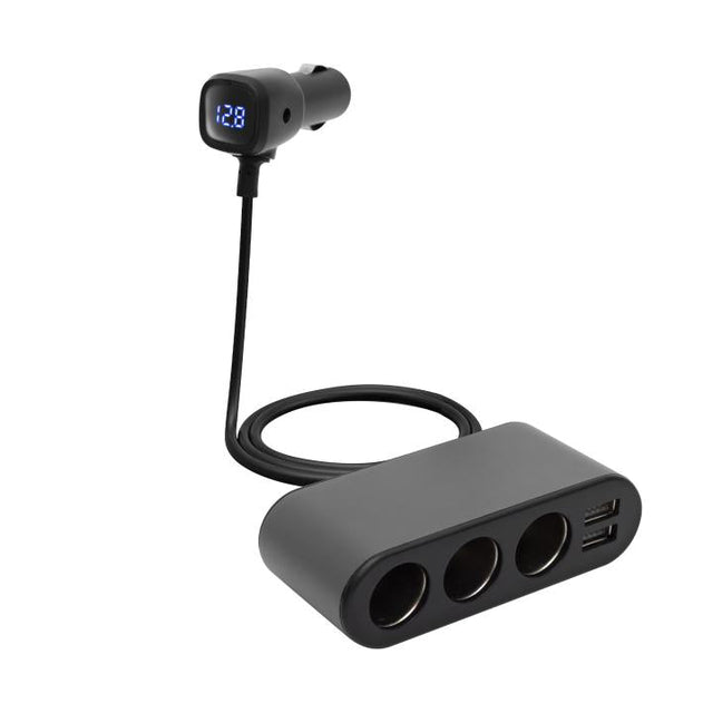 Distribuidor de Tomada para Carro com Voltímetro e 3 Tomadas + 2 USB (80W)