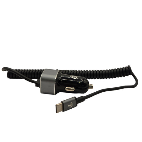 Carregador USB-C para Isqueiro de Carro com Cabo Espiral de 150 cm - 3000mA