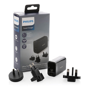 Philips Reiseadapter mit Schnellladefunktion – 30W, USB-A & USB-C, 4 Wechselstecker