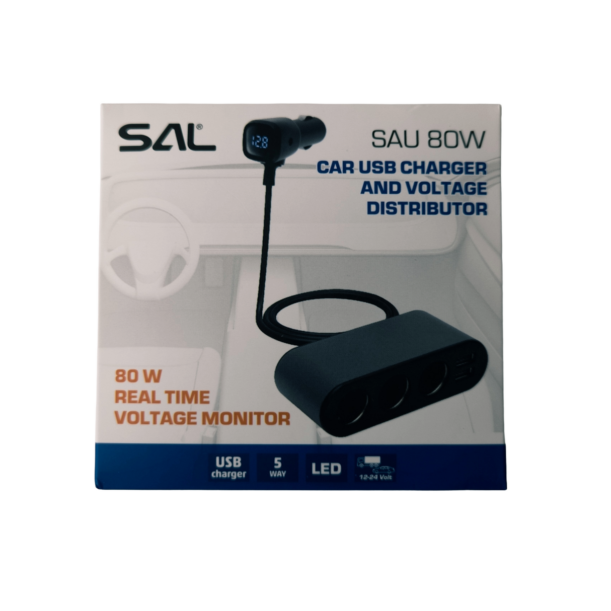 Distribuidor de Tomada para Carro com Voltímetro e 3 Tomadas + 2 USB (80W)