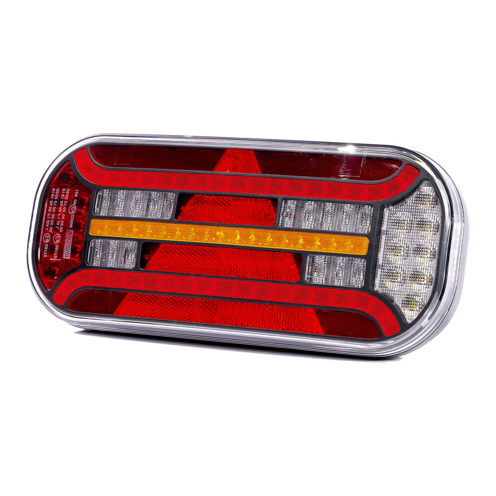 LED Rückleuchte mit 6 Funktionen und dynamischem Blinker, Dreieck-Reflektor, links, 12–36V