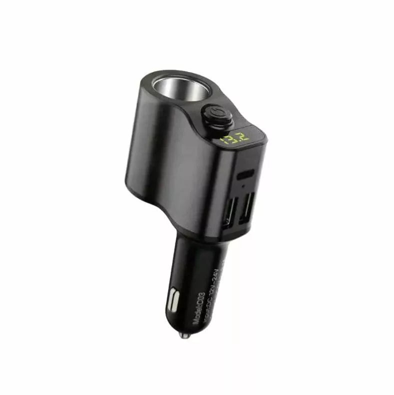 Caricabatterie da auto con voltmetro integrato 12/24V, 2 USB-A + 1 USB-C