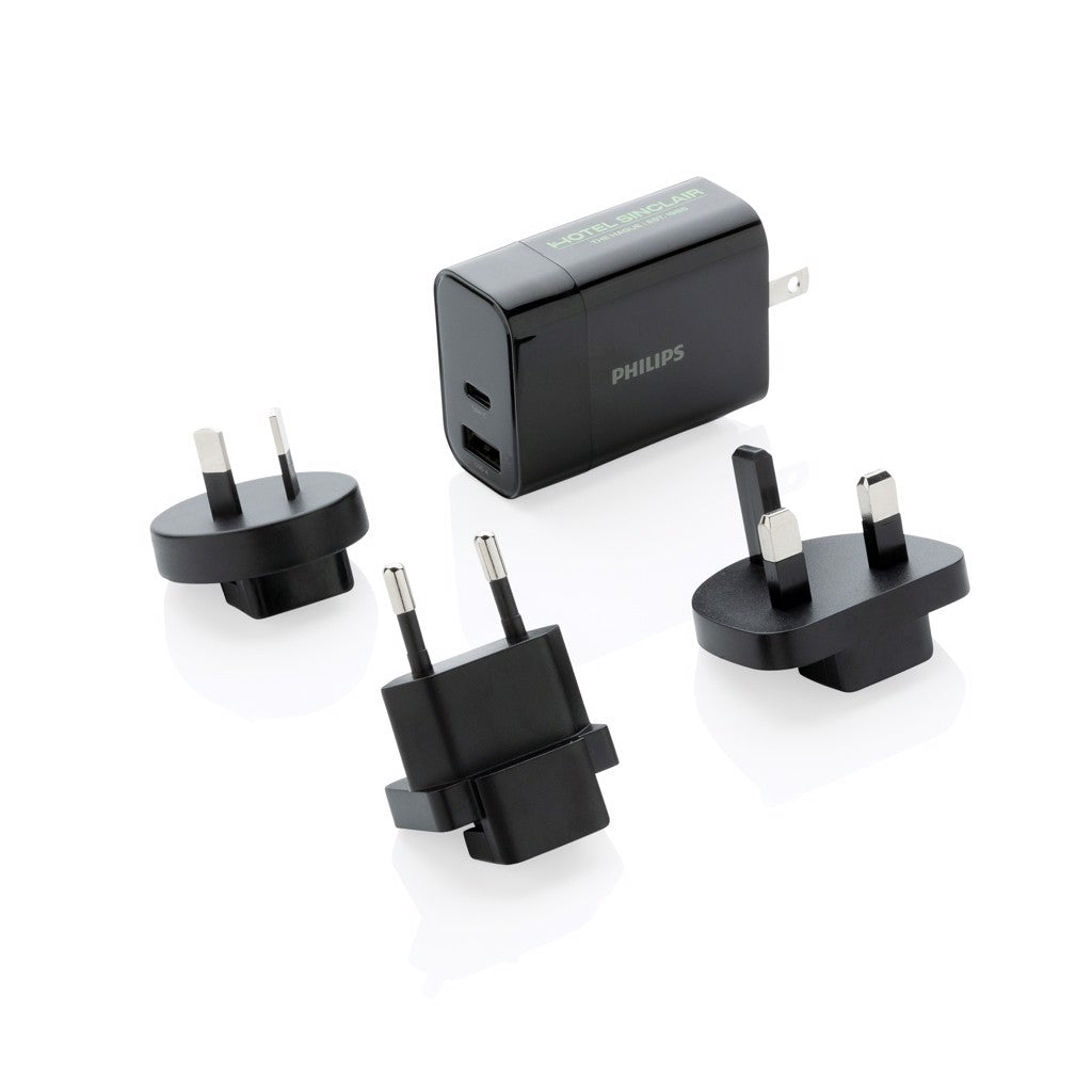 Philips Reiseadapter mit Schnellladefunktion – 30W, USB-A & USB-C, 4 Wechselstecker