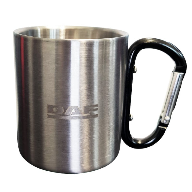 Tazza in acciaio inox con logo camion inciso e manico moschettone