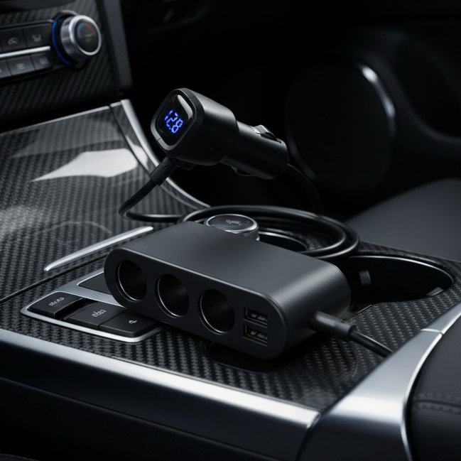Distribuidor de Tomada para Carro com Voltímetro e 3 Tomadas + 2 USB (80W)