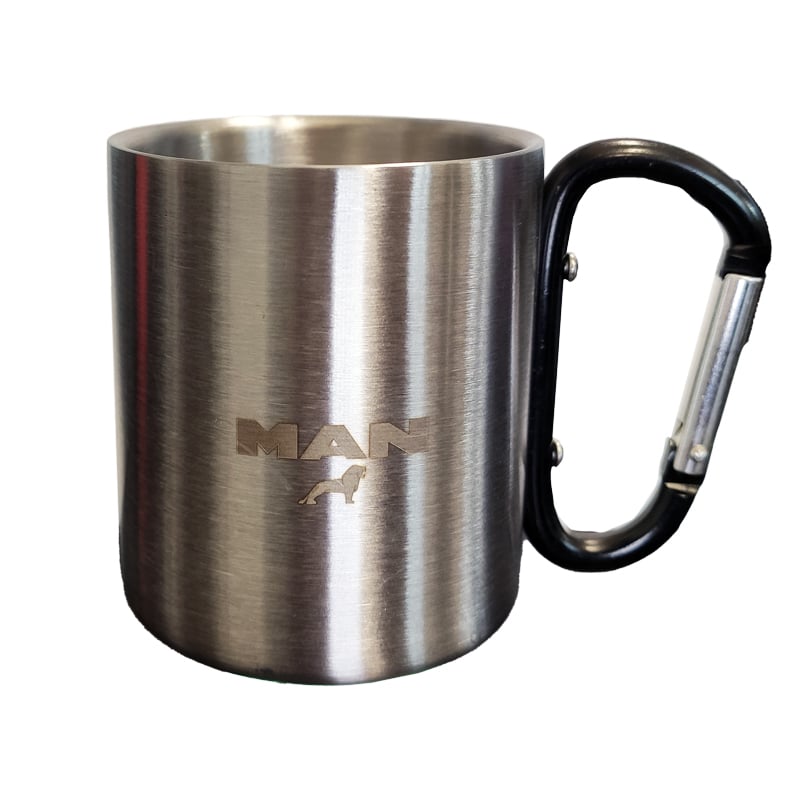 Tazza in acciaio inox con logo camion inciso e manico moschettone
